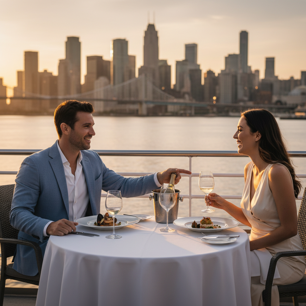 Couple enjoying a scenic dinner cruise at sunset with city skyline views