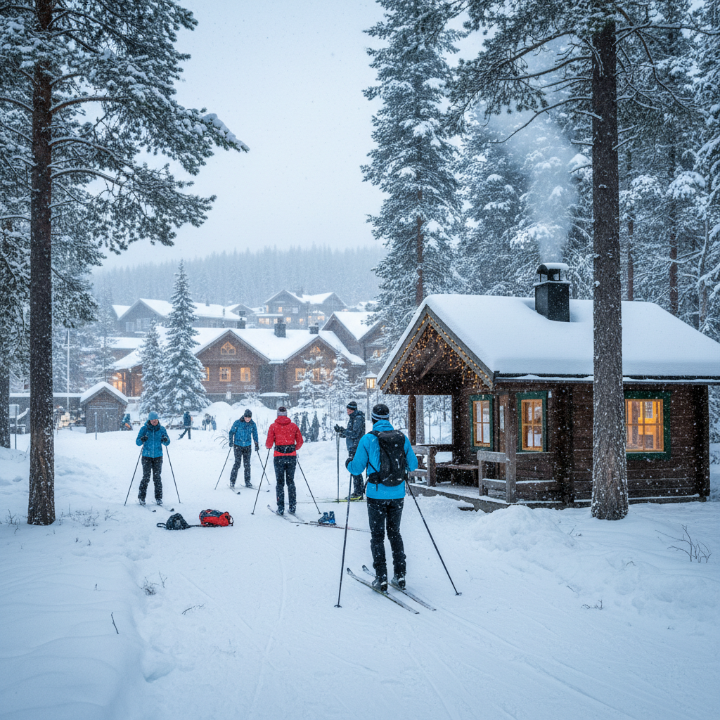 Cozy winter trailhead in a Nordic ski town with skiers preparing gear