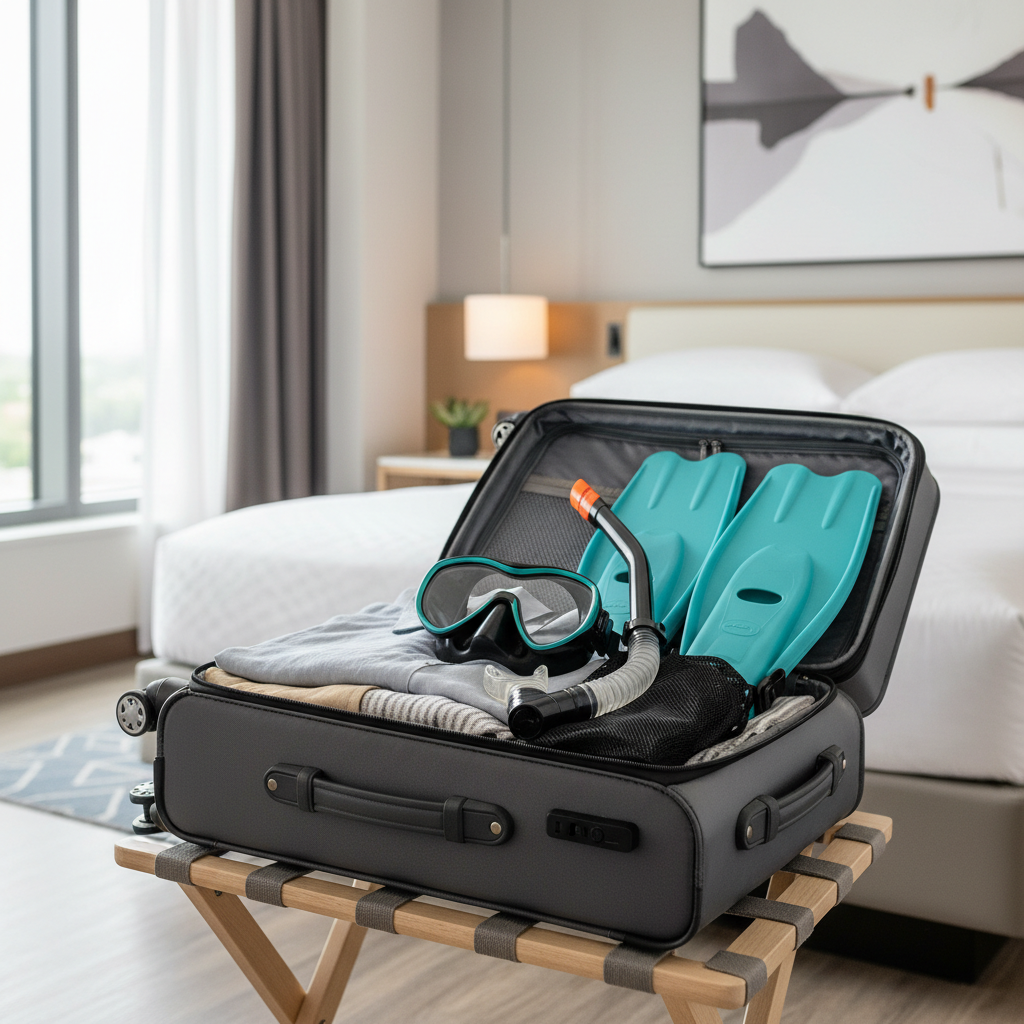 Travel snorkel mask set packed neatly in a carry-on suitcase
