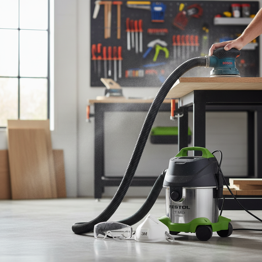 Workshop sanding setup with vacuum dust extraction and disposable respirator