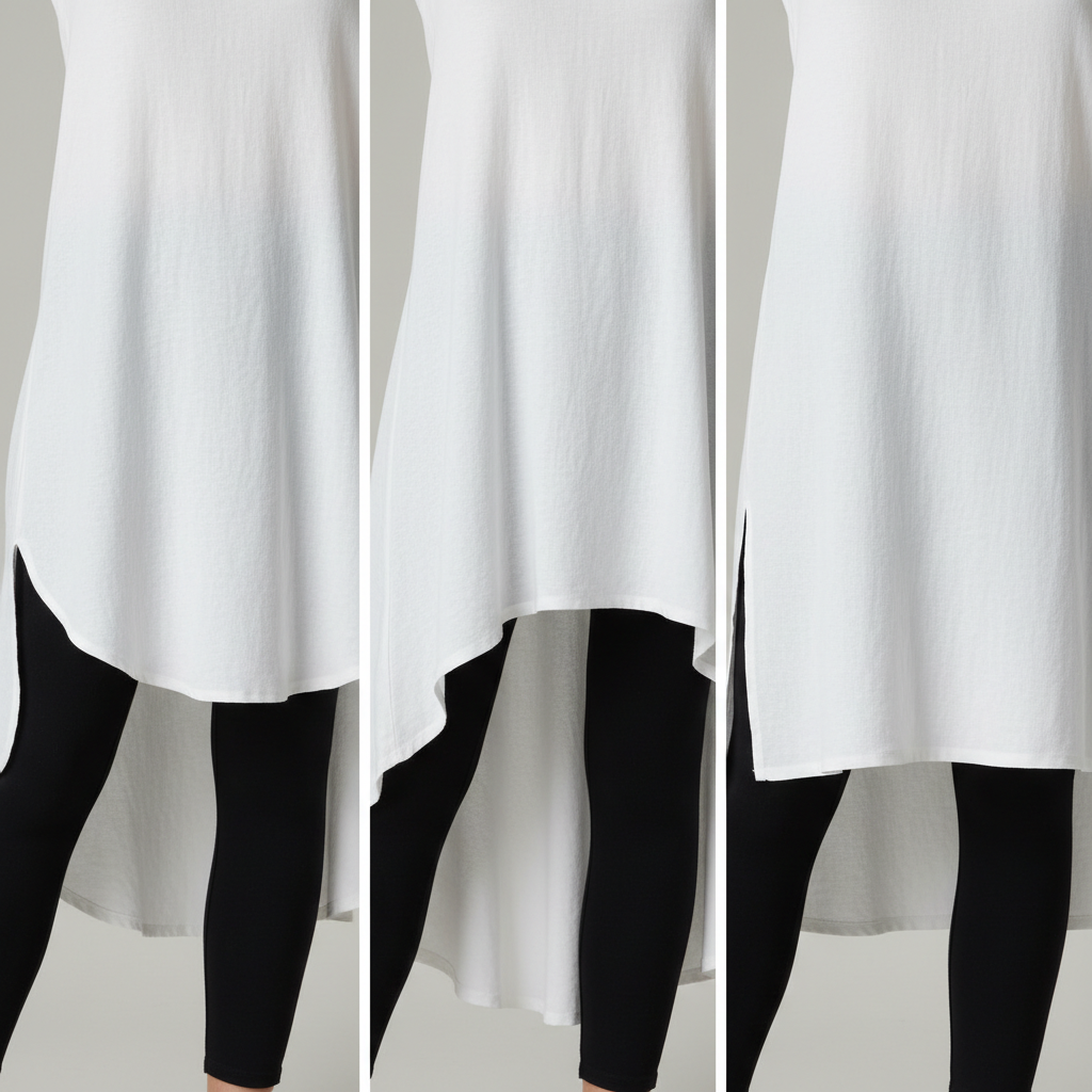 Close-up details of tunic hems and side slits for leggings outfits