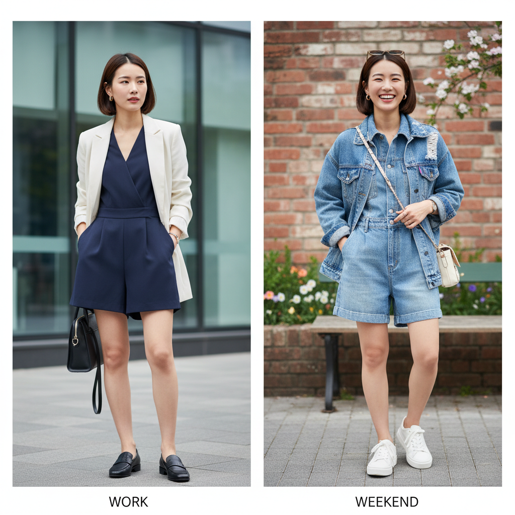 Petite short length jumpsuit styling for work and weekend