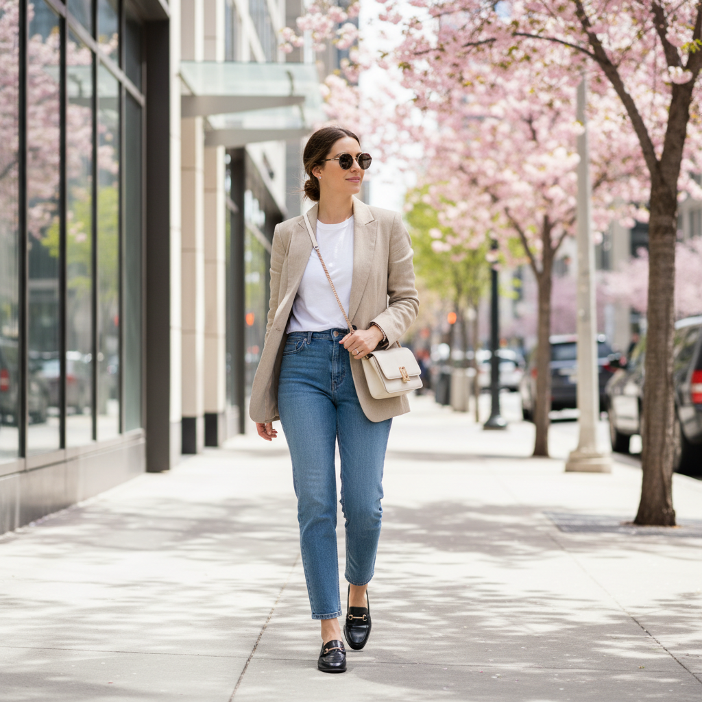 Transitional spring outfit with blazer, tee, jeans, and loafers in a bright neutral palette