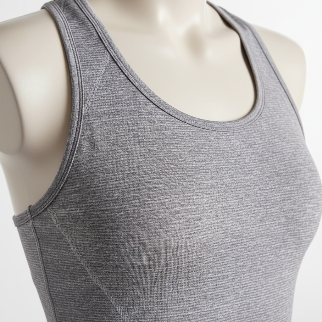 Close-up of sweat-wicking tank top fabric texture on a women’s racerback workout top