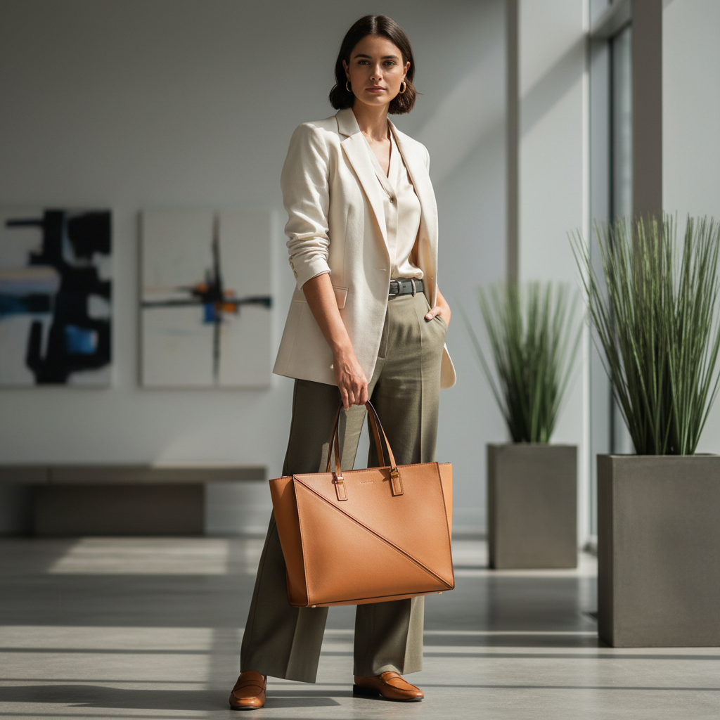 Professional work outfit with structured tote bag in a modern office lobby