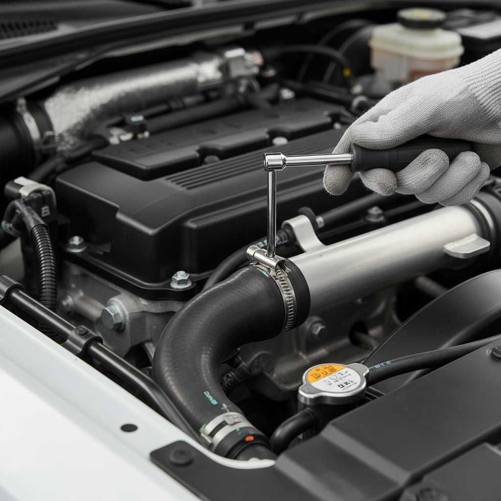 Technician tightening a metal hose clamp with a nut driver in an automotive bay