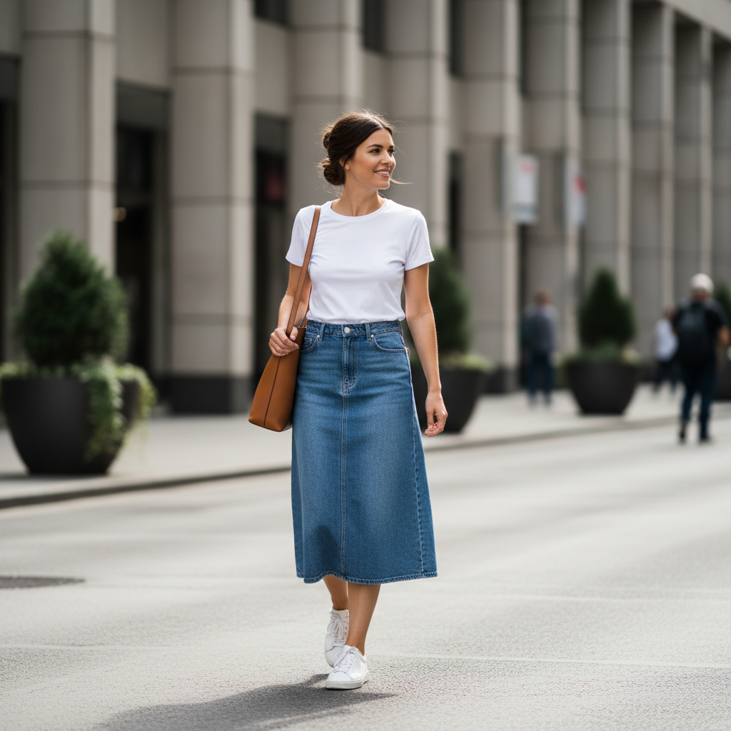 Casual cute denim skirt outfit with white tee and sneakers