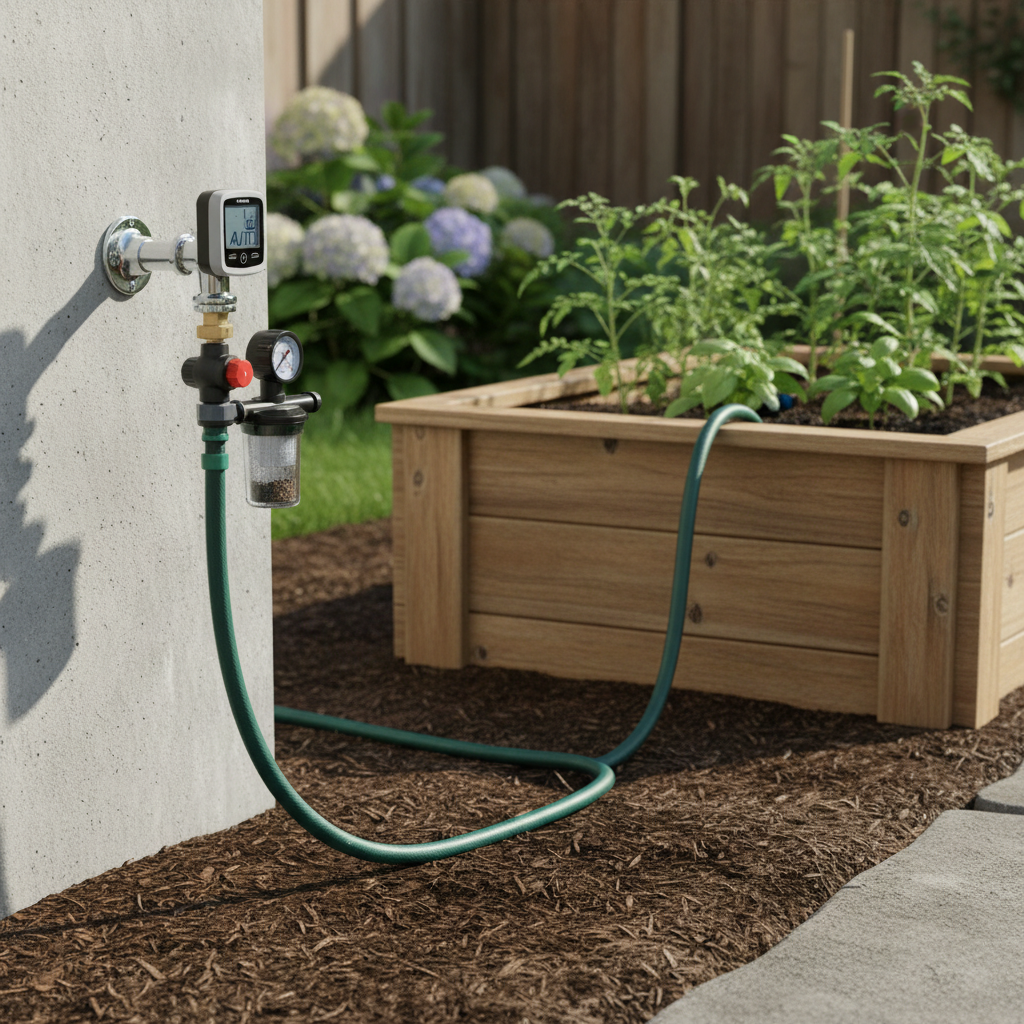 Pressure regulator and filter connected to a soaker hose for a garden bed irrigation setup