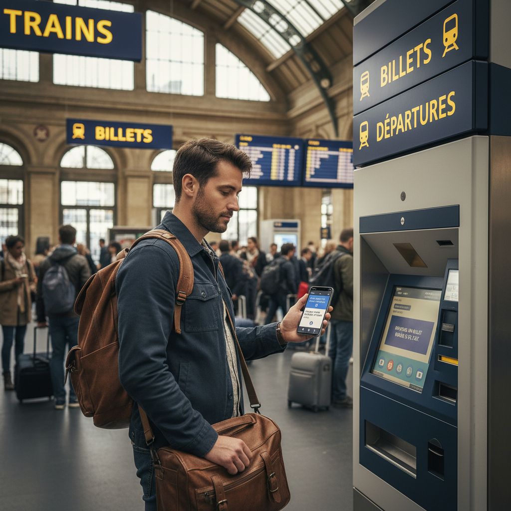 Traveler using a translation app at a train station ticket machine