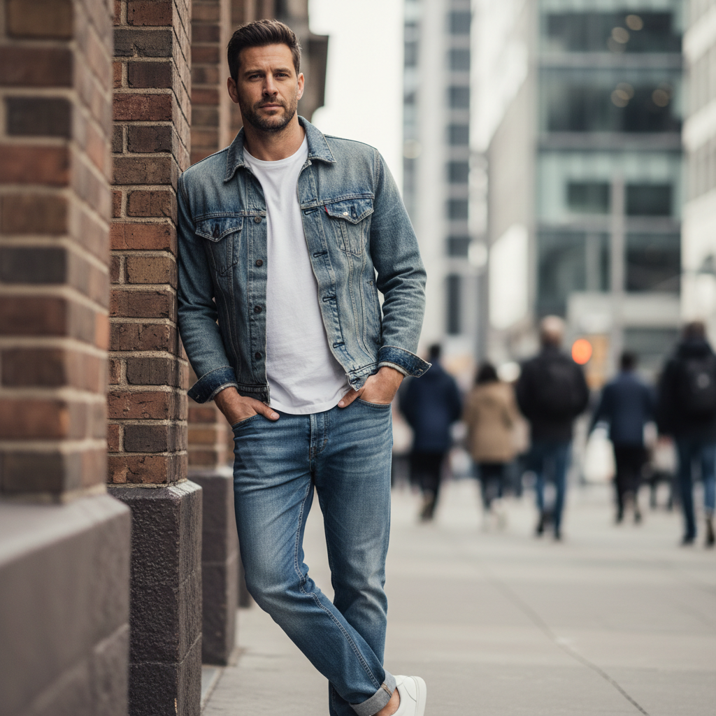 Vintage wash men denim jacket styled with white tee and straight jeans