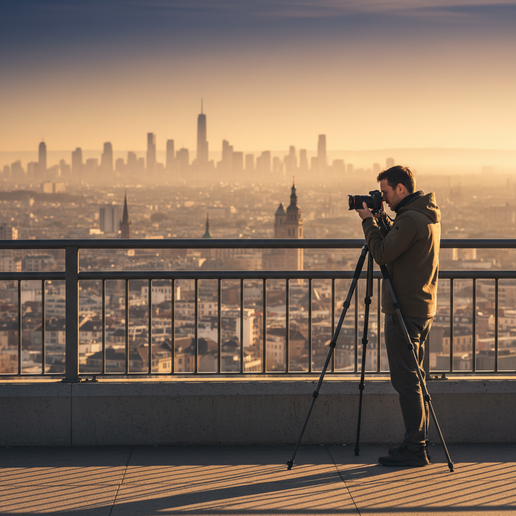 Travel photographer scouting a city overlook at golden hour