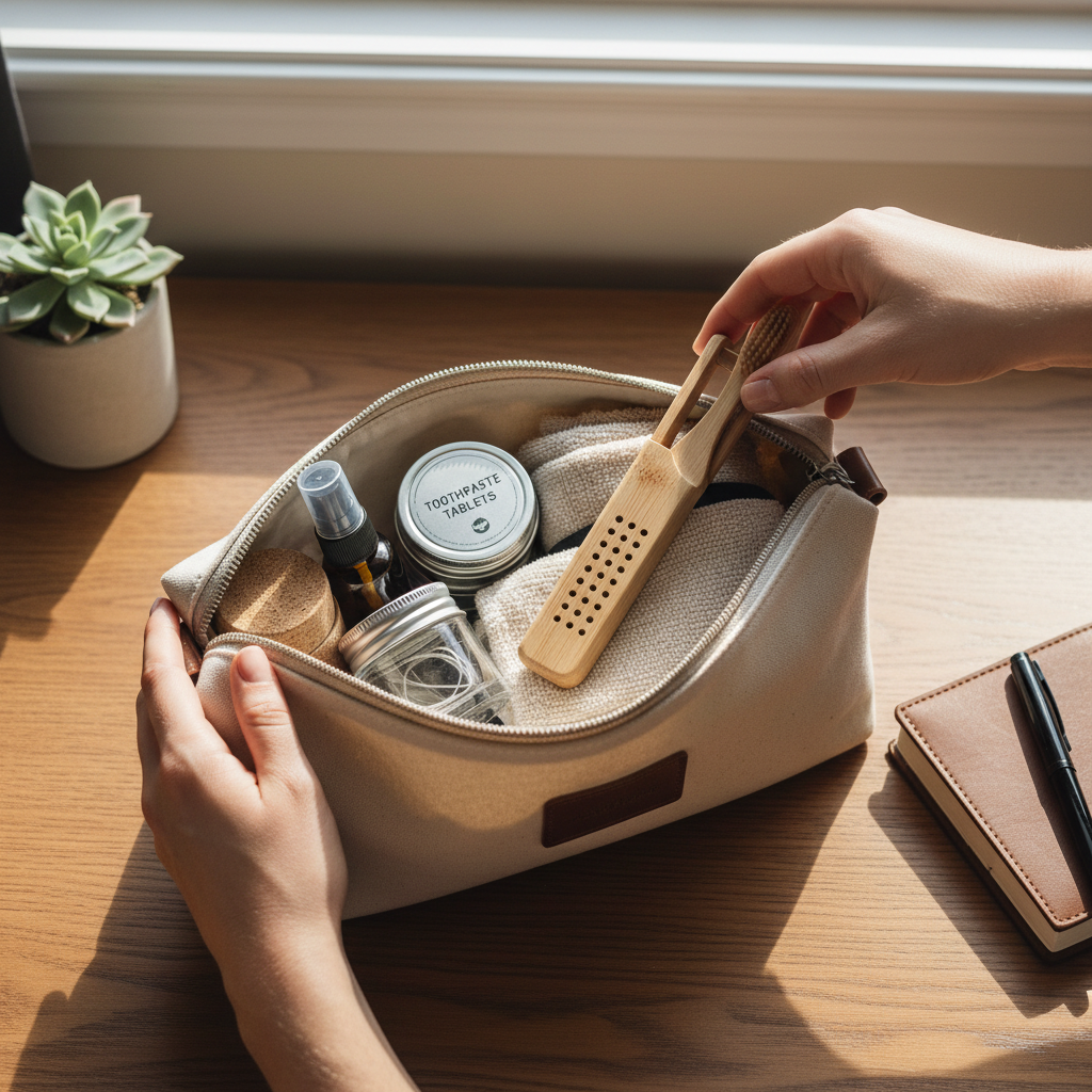 Packing an eco travel toothbrush kit in a carry-on toiletry bag