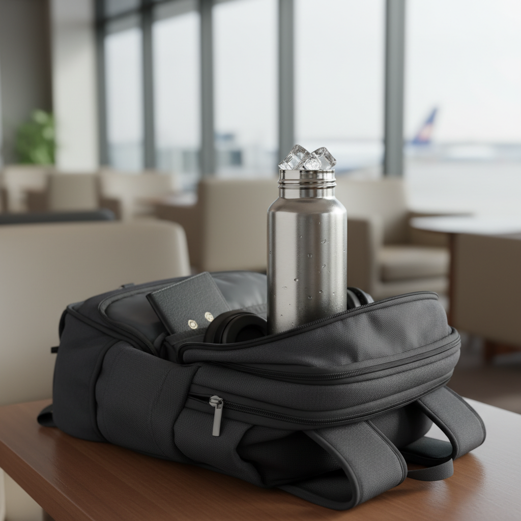 Insulated water bottle in a travel backpack with cold drink