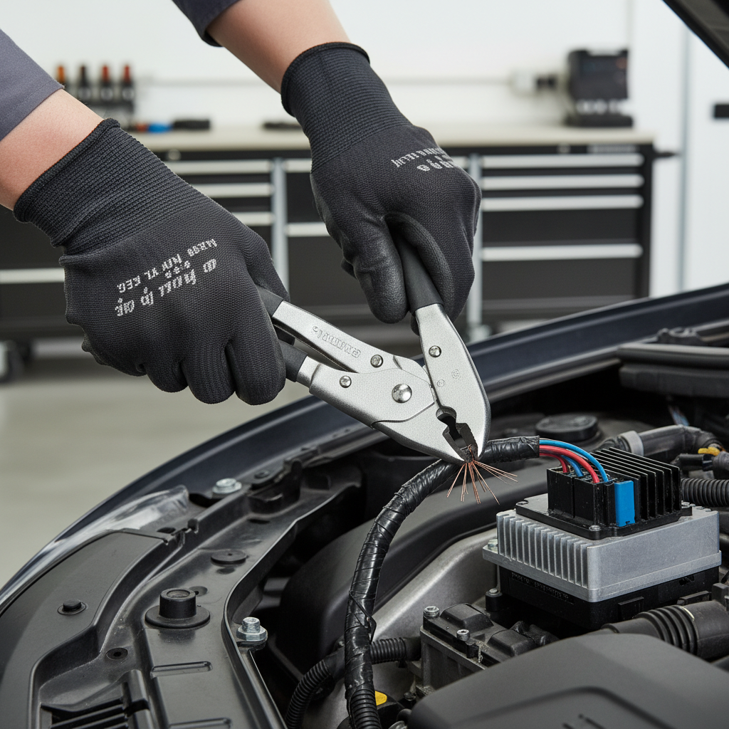 Technician using locking grip pliers with cutter for automotive repair