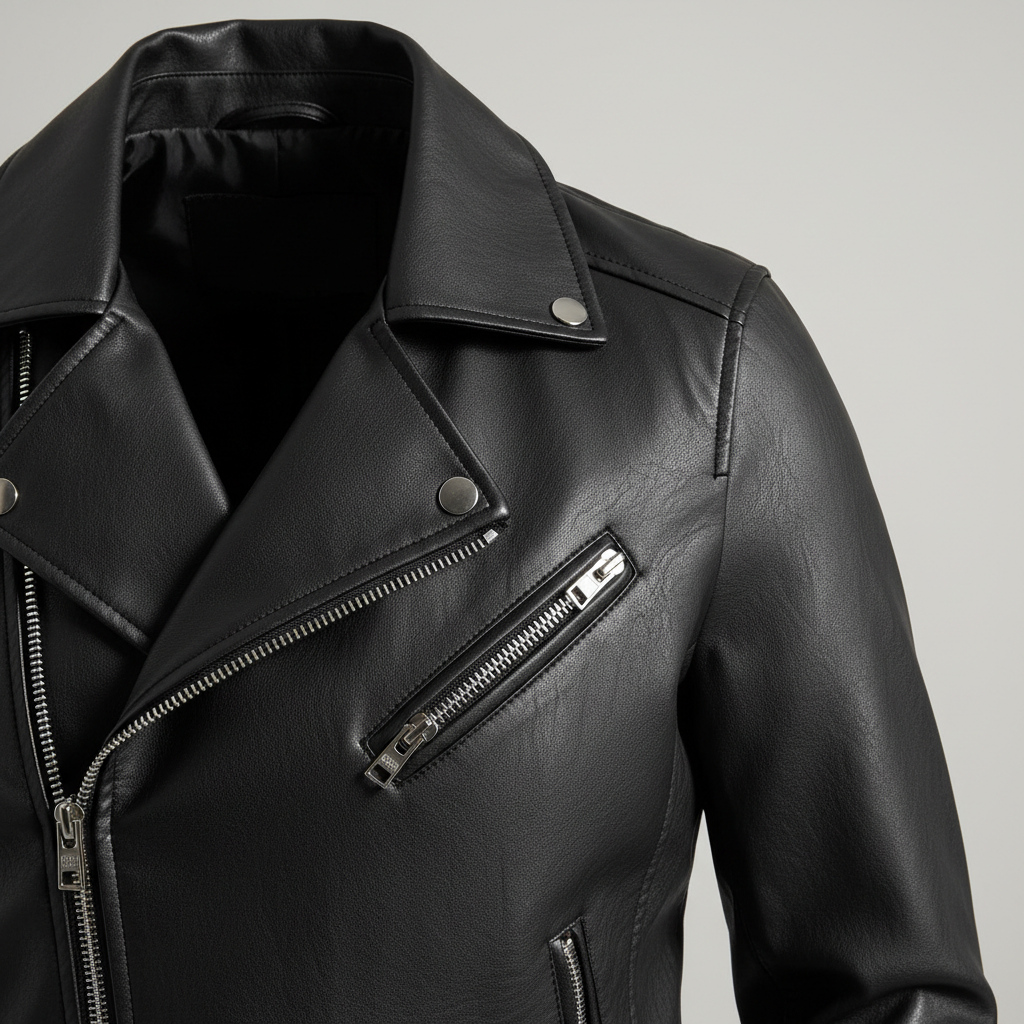 Close-up of faux leather biker jacket details like zipper, lapel, and stitching