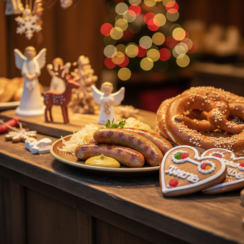 Traditional German winter market food and handmade ornaments