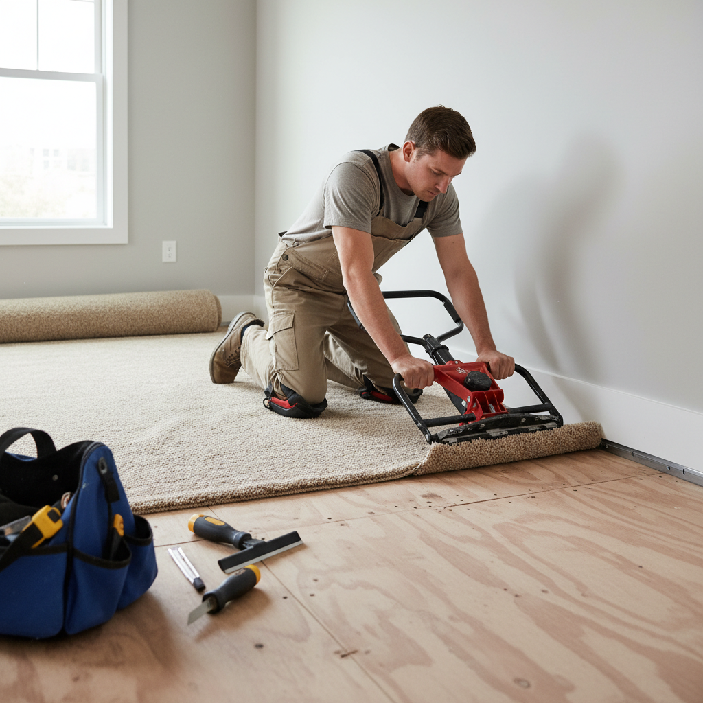 Carpet installer using a knee kicker near tack strip along wall