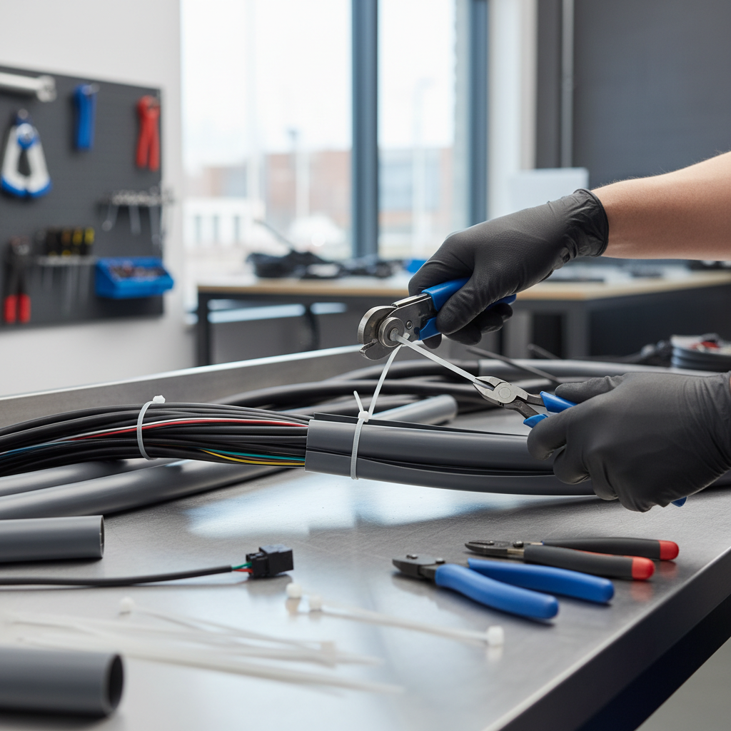 Technician installing split wire loom tubing with zip ties and proper seam orientation