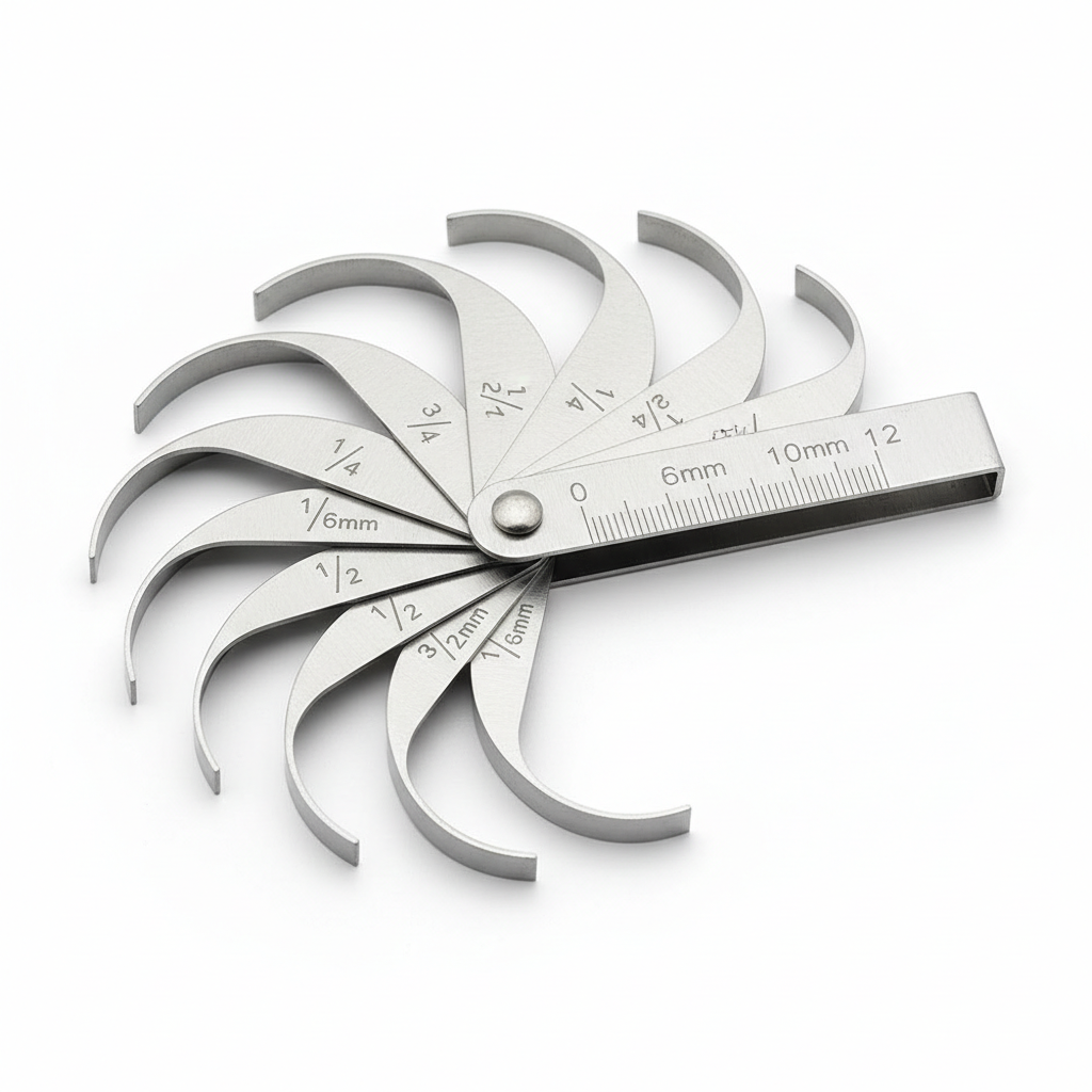 Close-up of concave and convex radius gauge leaves showing labeled sizes