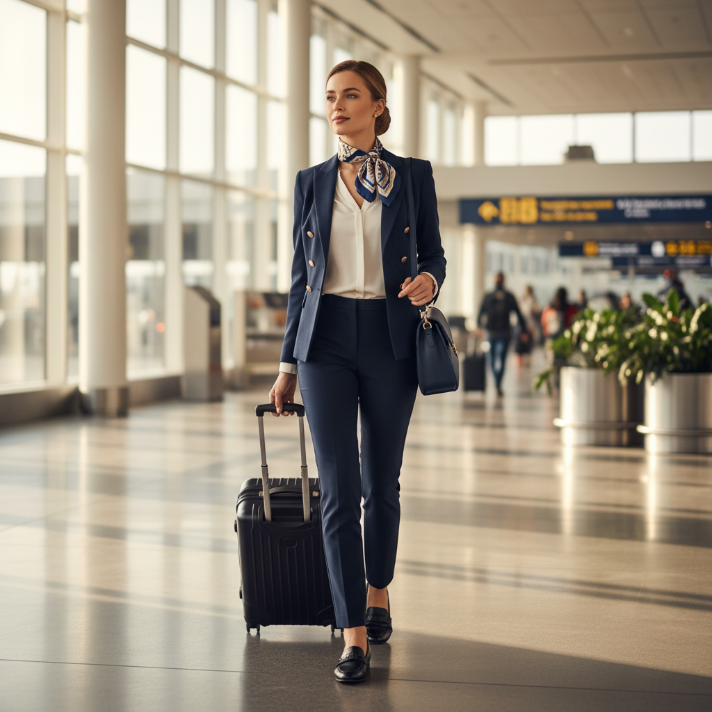 Modern flight attendant inspired look with trousers blazer and loafers in airport setting