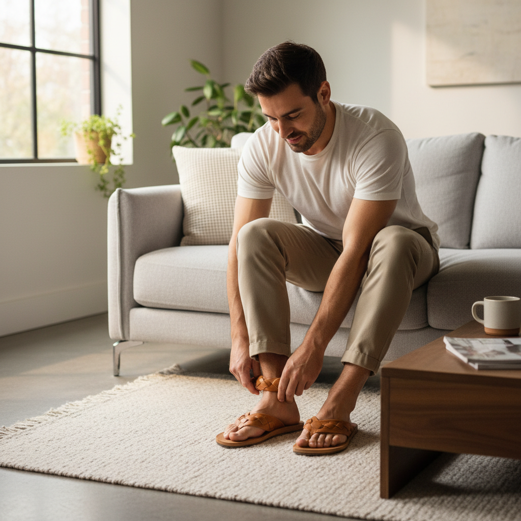 Man breaking in leather flip flops at home and checking strap fit