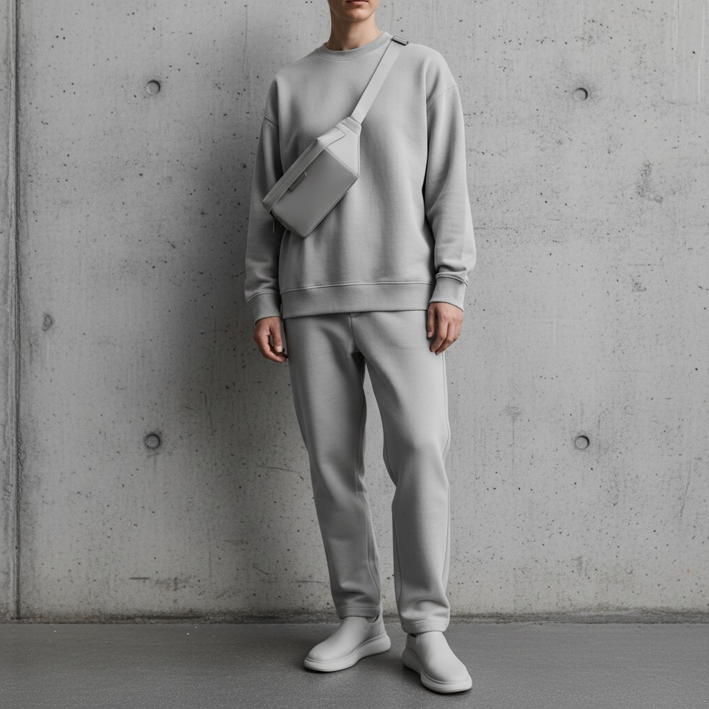 Minimal streetwear look with fanny pack and monochrome outfit