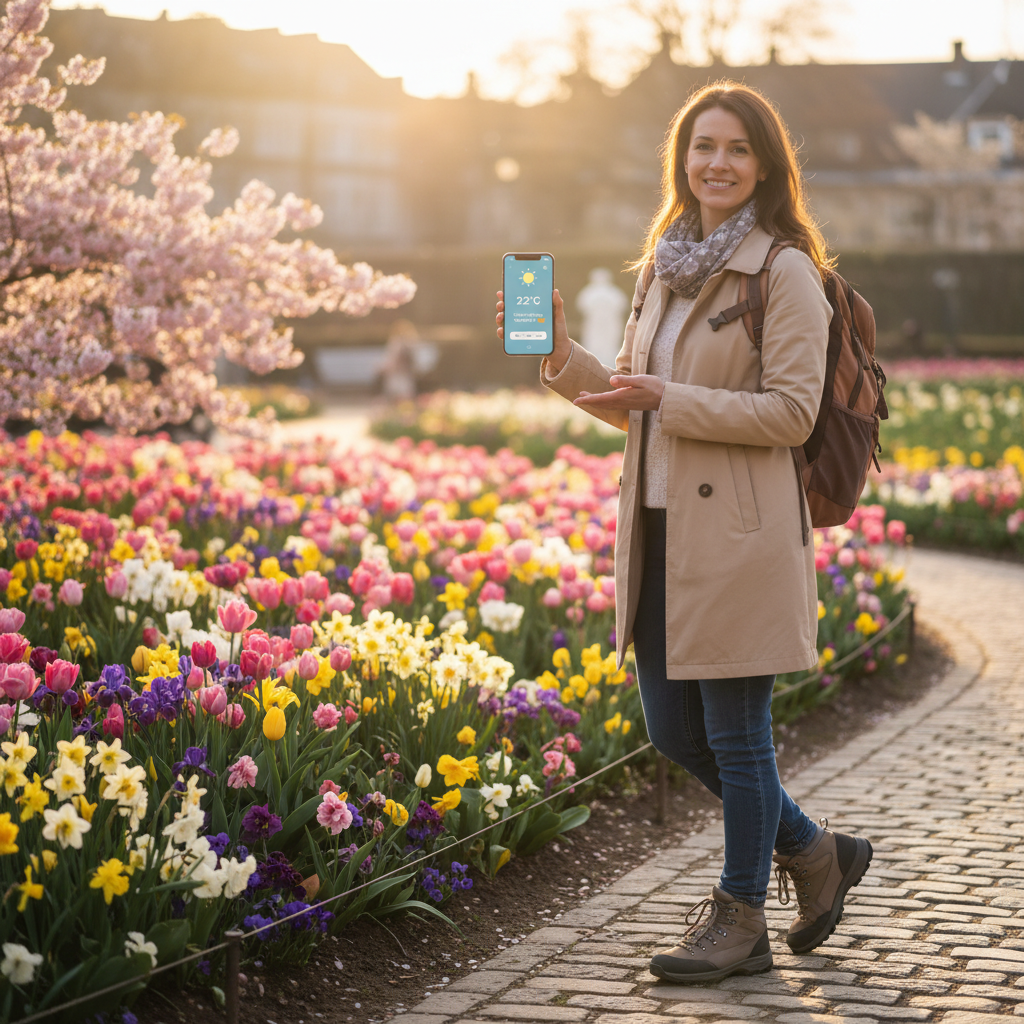 Traveler checking bloom forecast and weather on phone near flowers