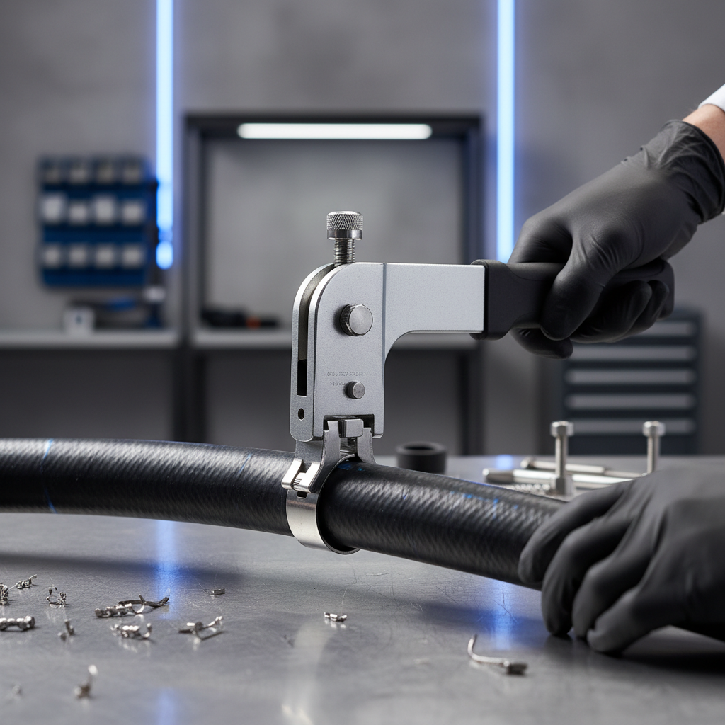 Technician tensioning and cutting a stainless band clamp with a band clamp tool