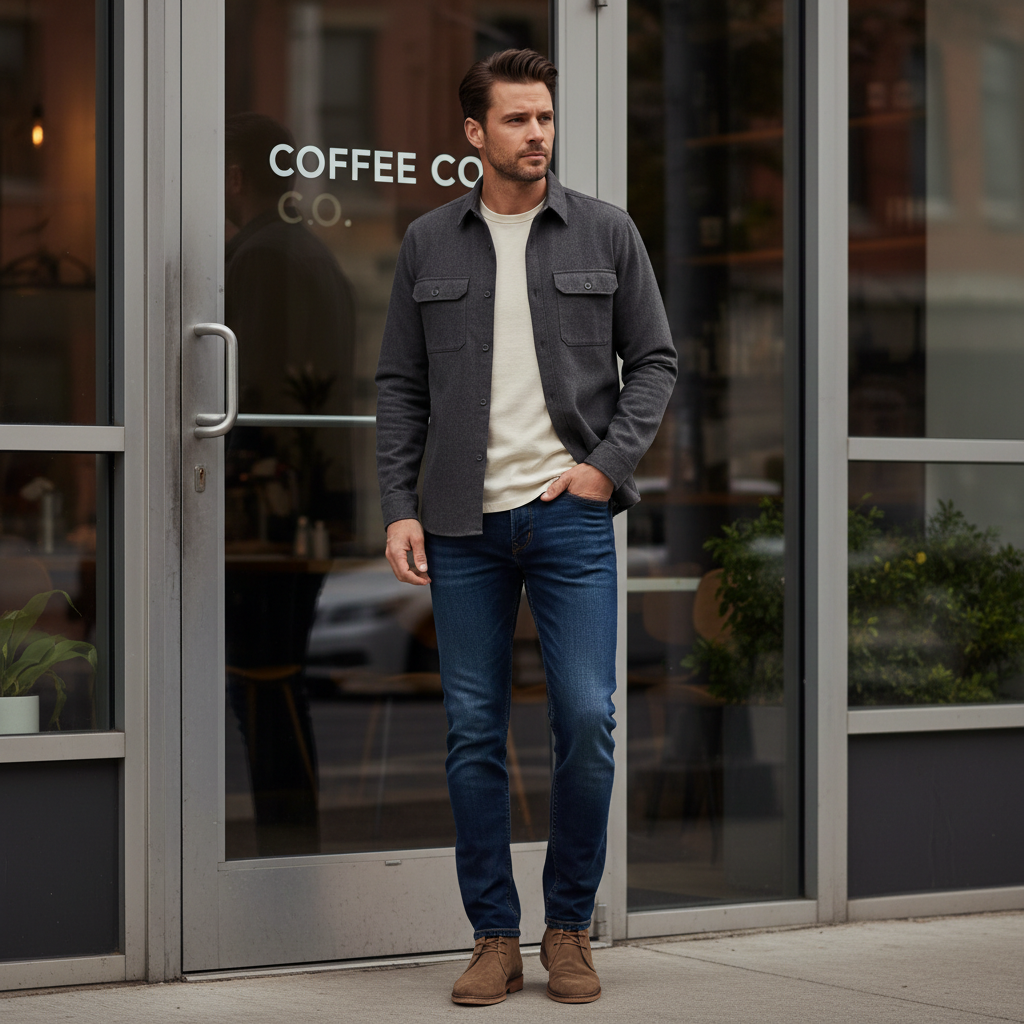 Dark slim fit jeans styled with overshirt and boots for casual daily wear