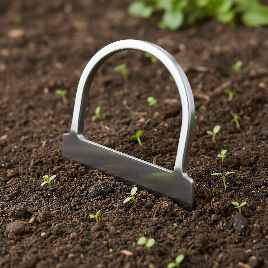 Close-up of a stirrup hoe blade showing push-pull cutting action