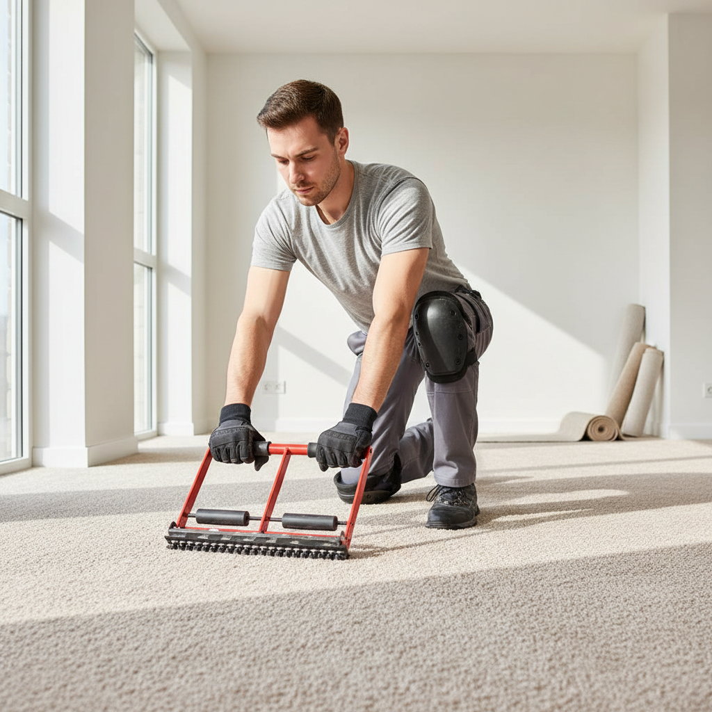 Installer wearing knee pads using knee kicker in a residential room safely