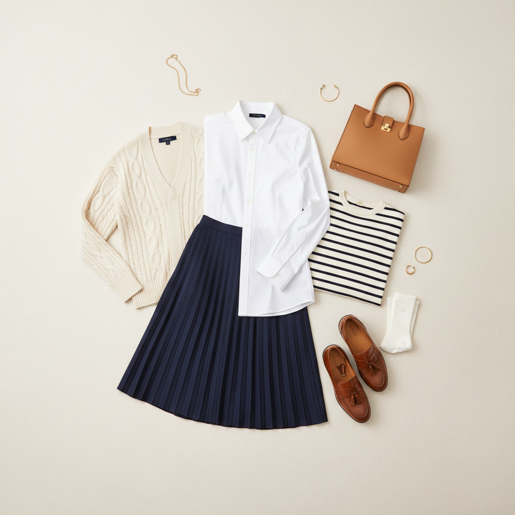 Flat lay of preppy capsule pieces for pleated skirt outfits