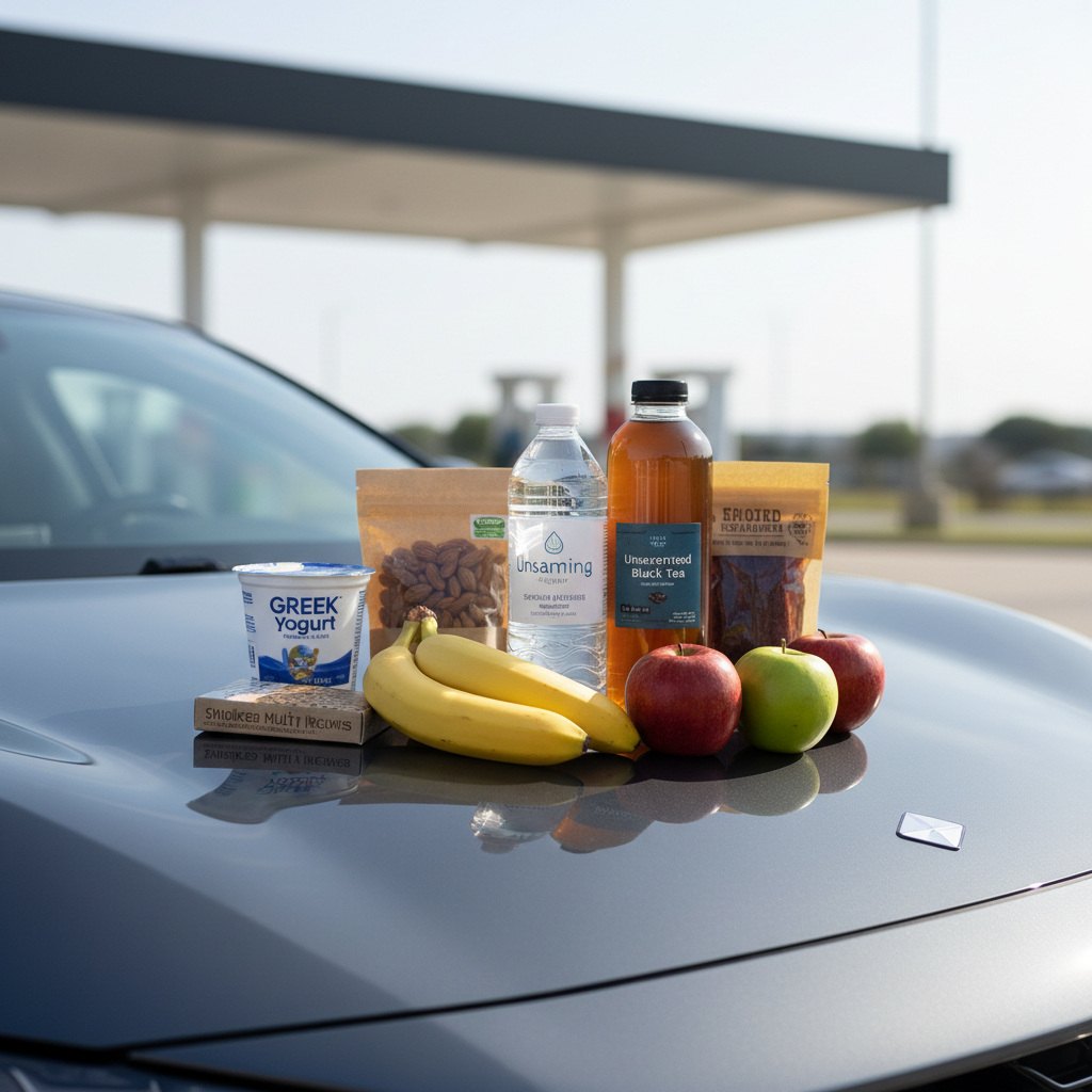 Healthy gas station snack haul including nuts, fruit, yogurt, and bottled water