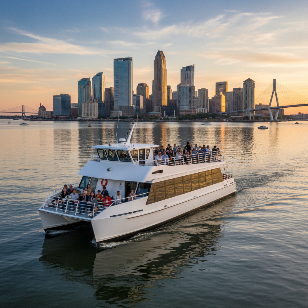 Scenic boat tour cruising past a coastal city skyline at golden hour