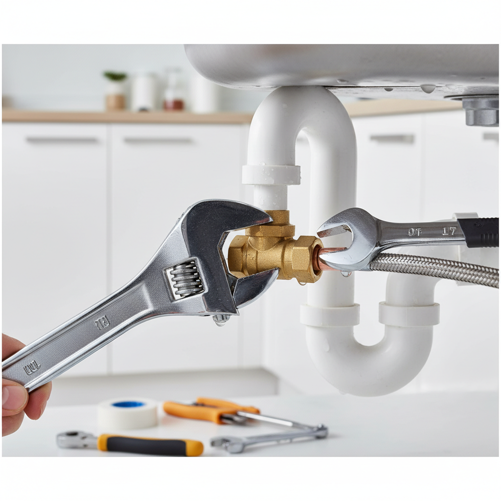 Using two compact wrenches to counter-hold a shutoff valve in a tight space