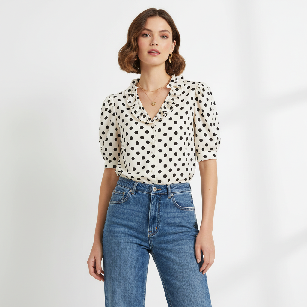 Retro cute women polka dot top styled with modern denim