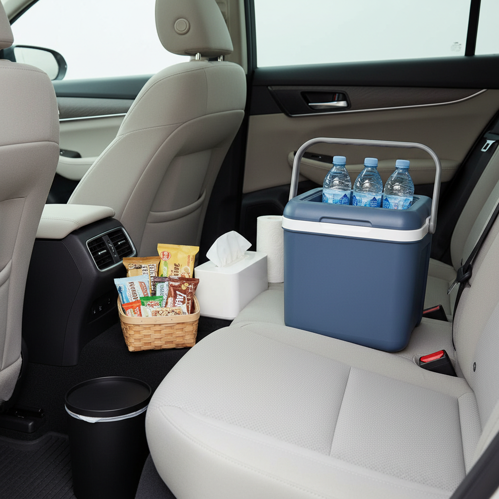 Organized road trip snack and cleanup kit with cooler, wipes, and trash bag