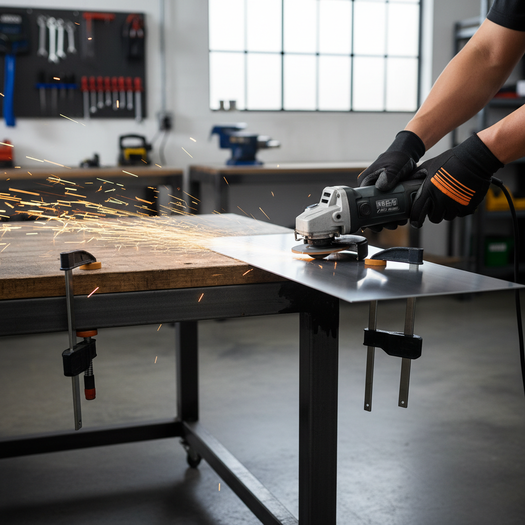 Angle grinder cutting thin sheet metal with a thin cut off wheel
