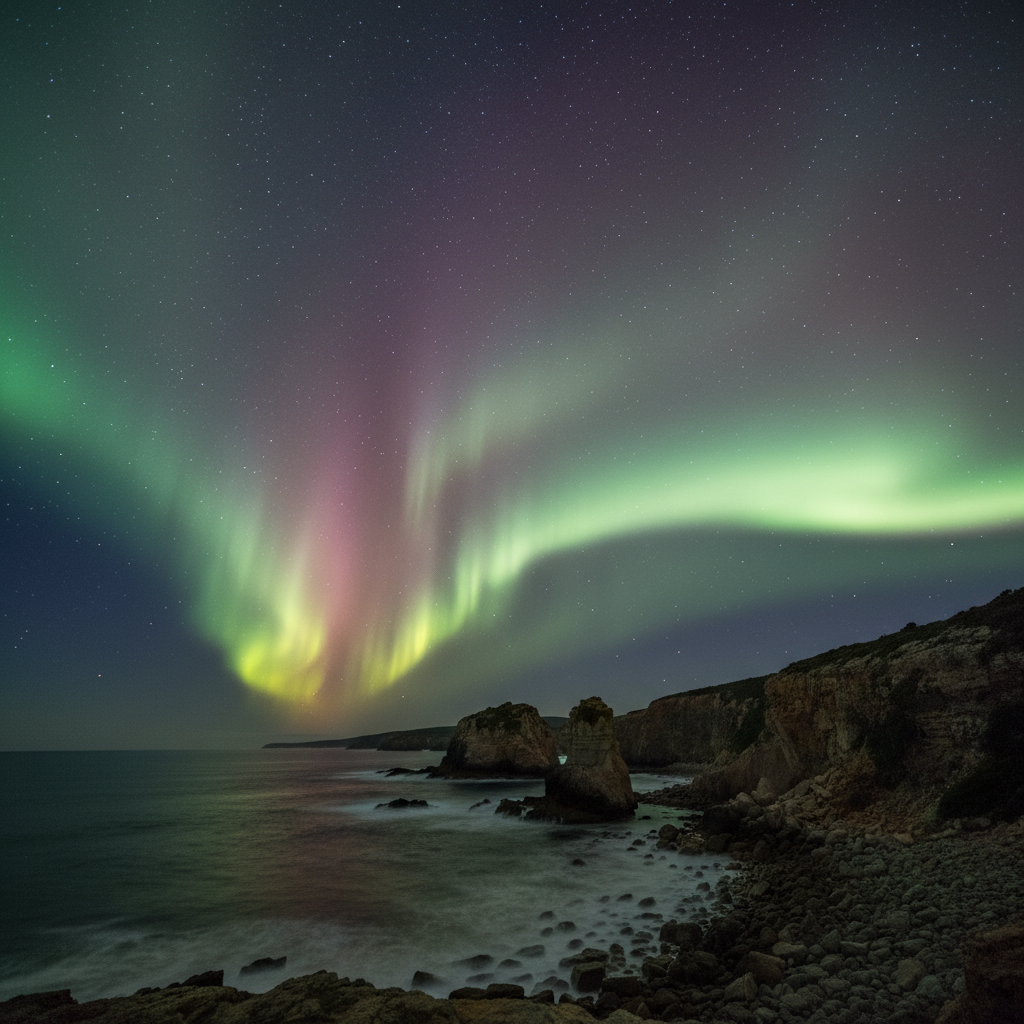 Southern lights over a remote coastline in Tasmania