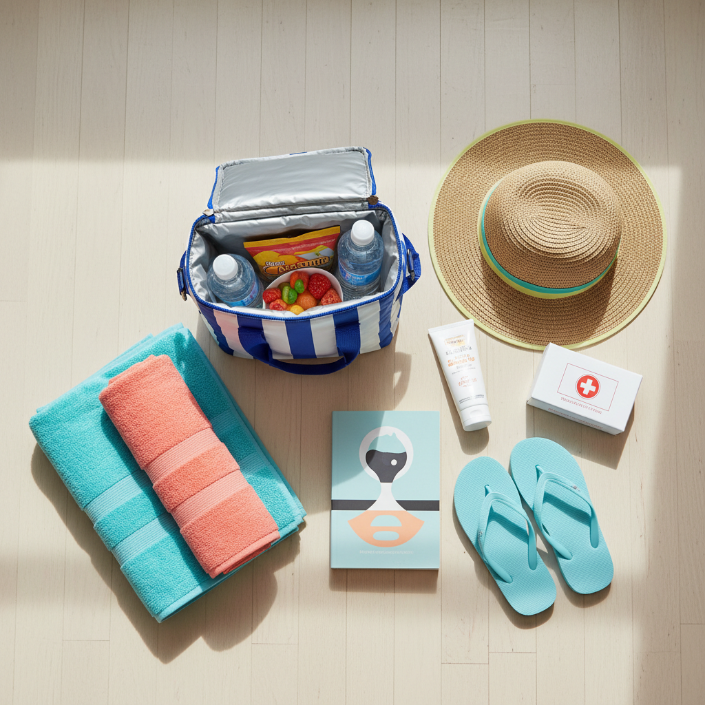 Packing essentials for a low-cost beach vacation including cooler, towels, and sunscreen