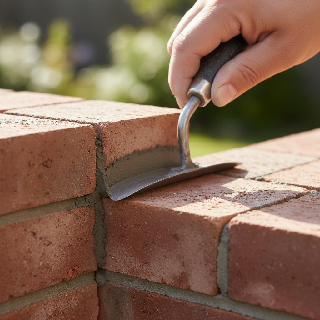 Close-up of tooling a fresh mortar joint after packing with a small pointing trowel
