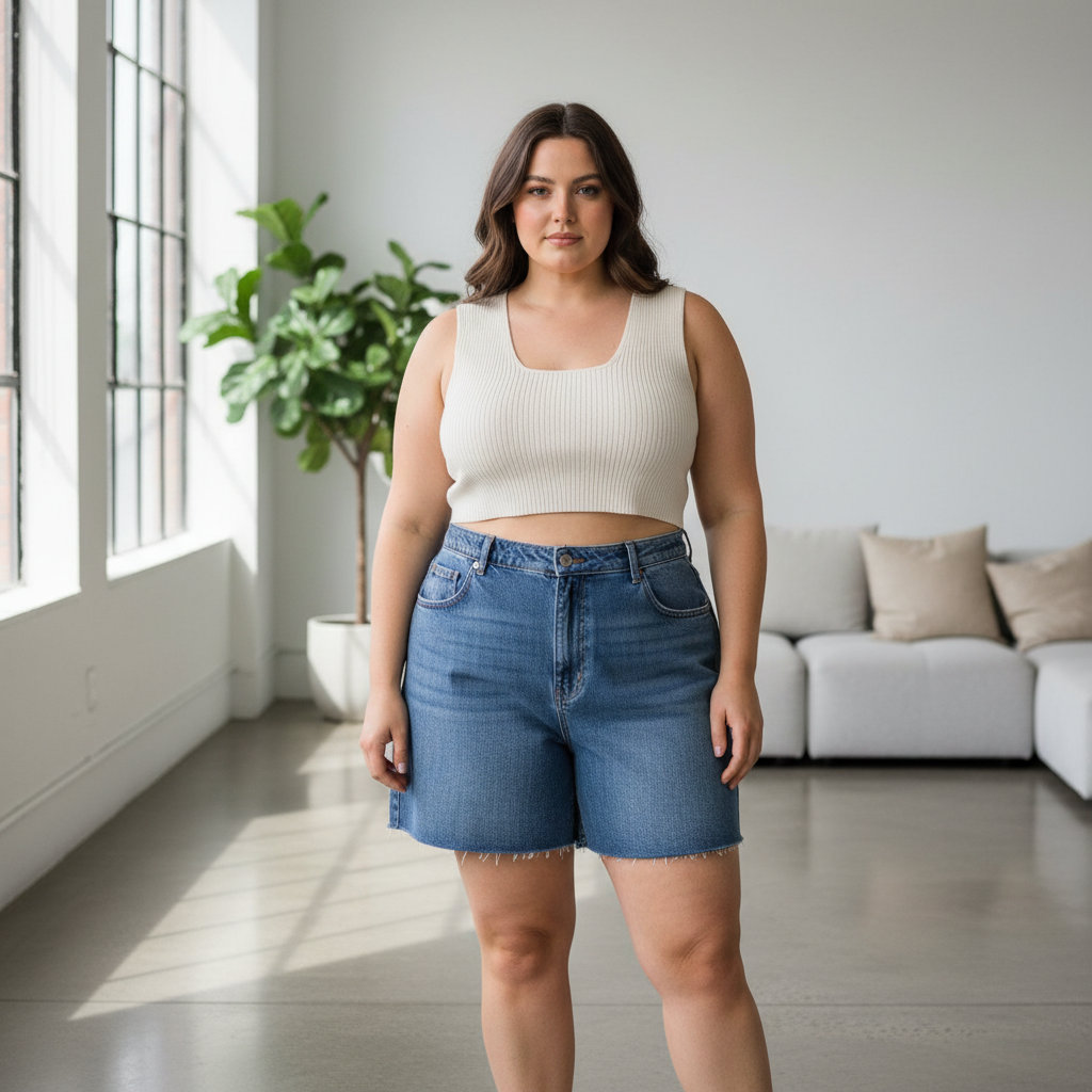 Curvy woman wearing flattering high waisted shorts with a defined waist and comfortable thigh fit