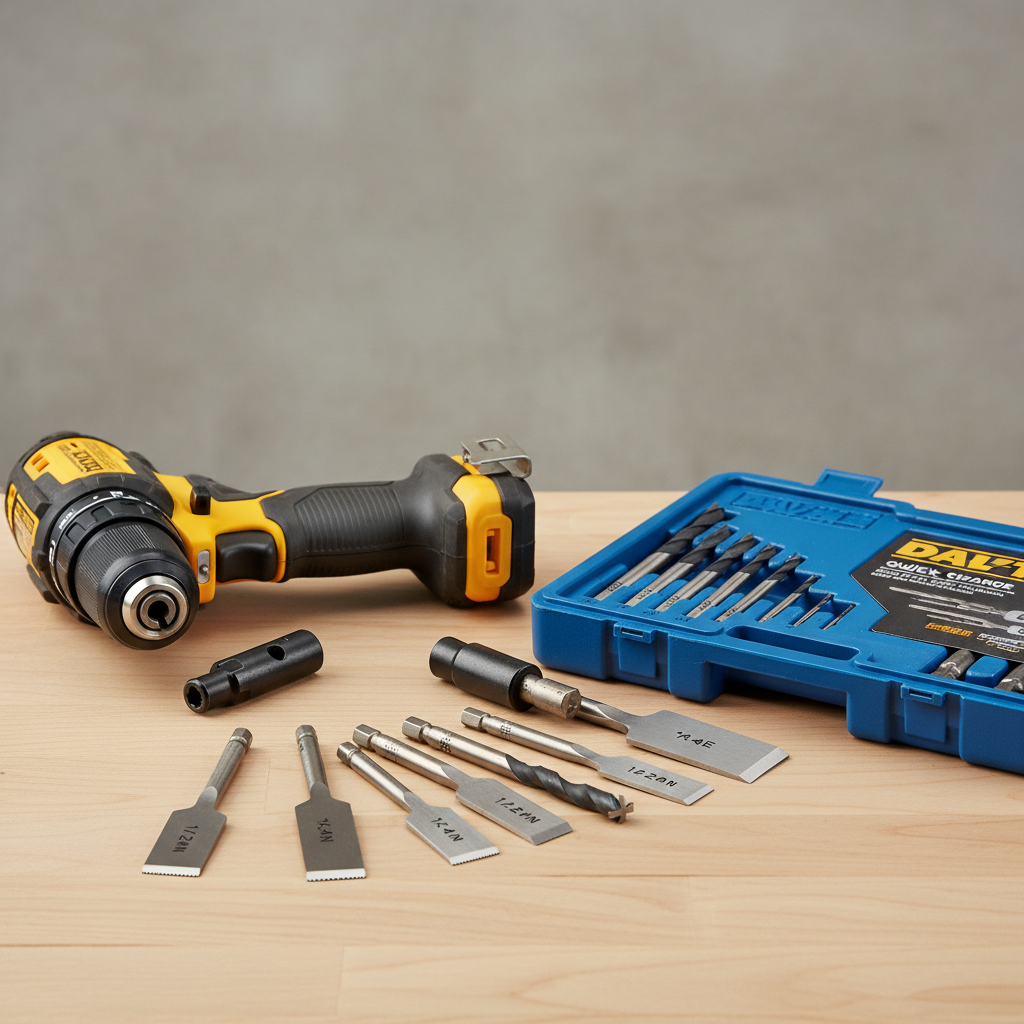 Quick-change spade bit set and drill for large holes in wood