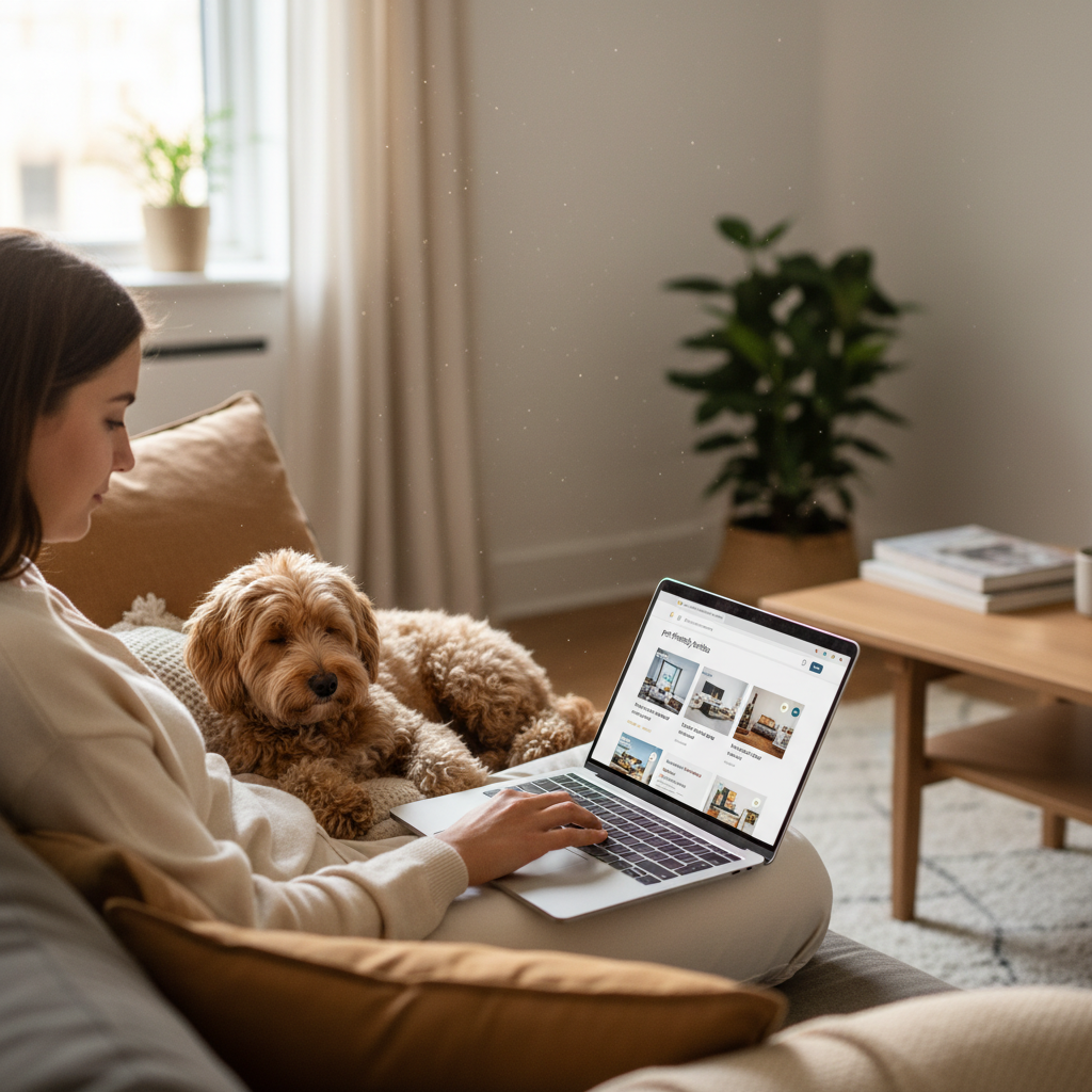 Traveler booking a pet friendly hotel on a laptop with a small dog nearby