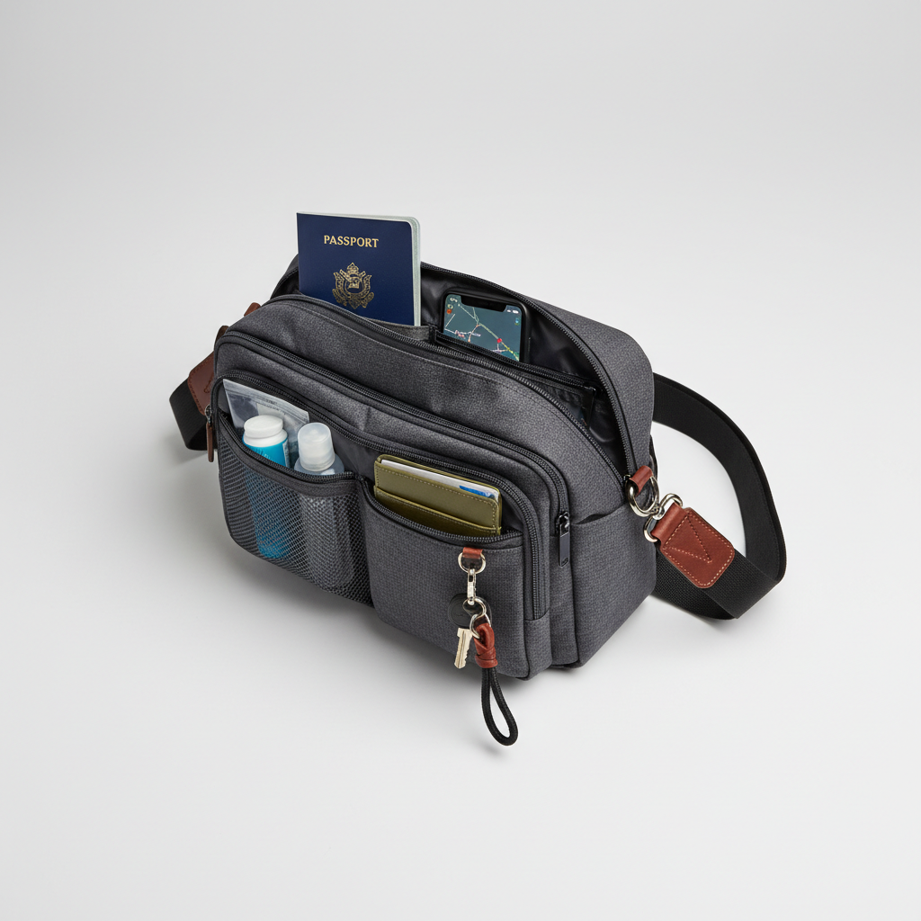 Small travel crossbody bag organization with pockets for passport and phone