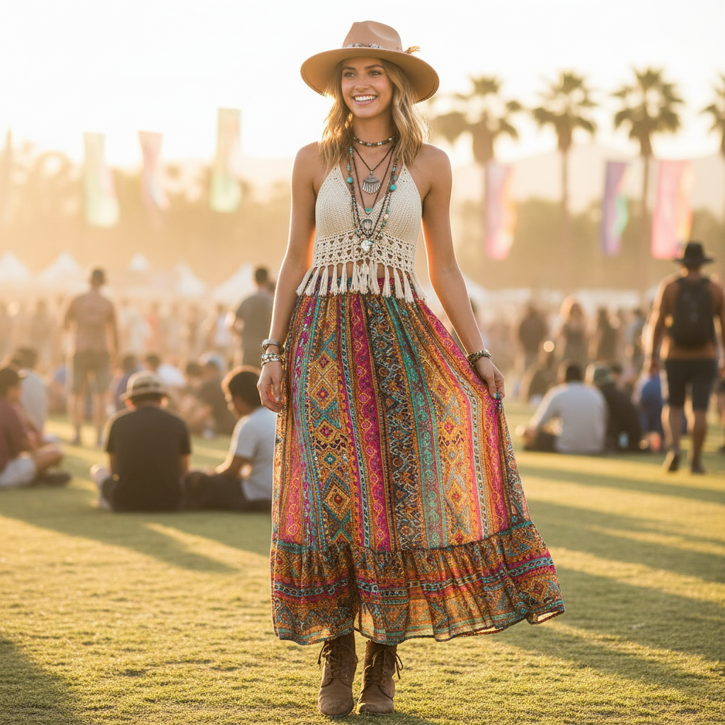 Boho colorful women festival outfit with layered textures and accessories