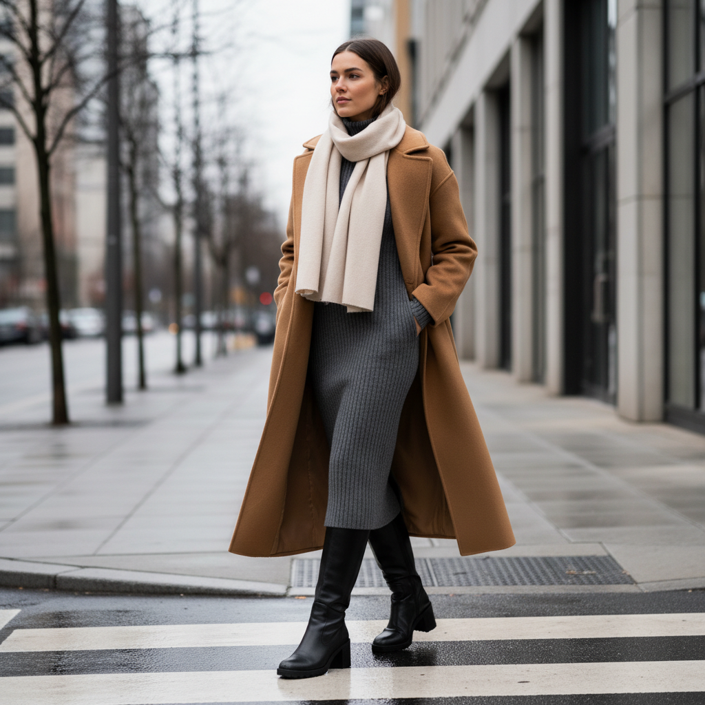 Winter outfit with knee high boots and long wool coat street style