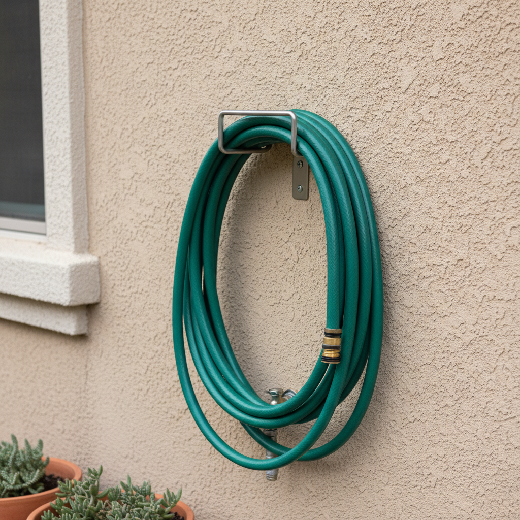 Metal wall mount hose hanger installed on exterior wall holding a coiled garden hose