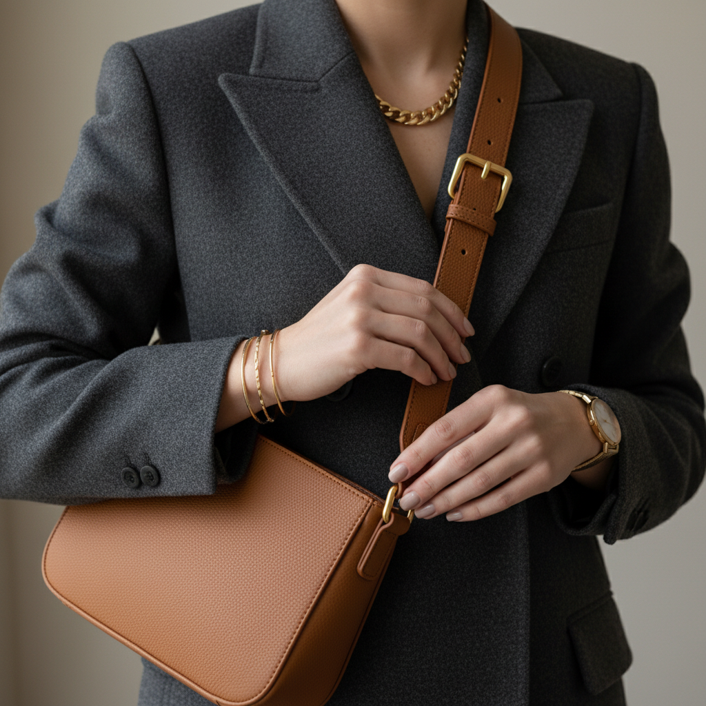 Close-up of shoulder bag strap styling with outerwear and jewelry coordination