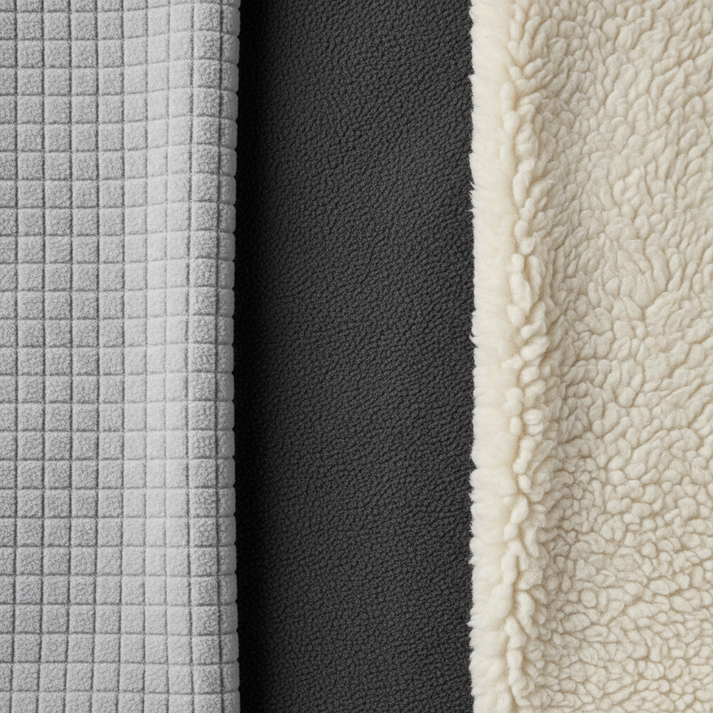 Close-up of fleece fabric textures showing different warmth levels